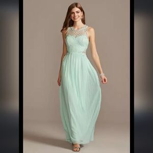 David's bridal lace crochet neckline & waist detail iridescent stones mint green